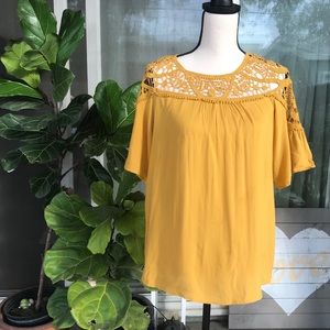 She & sky mustard crochet boho top M